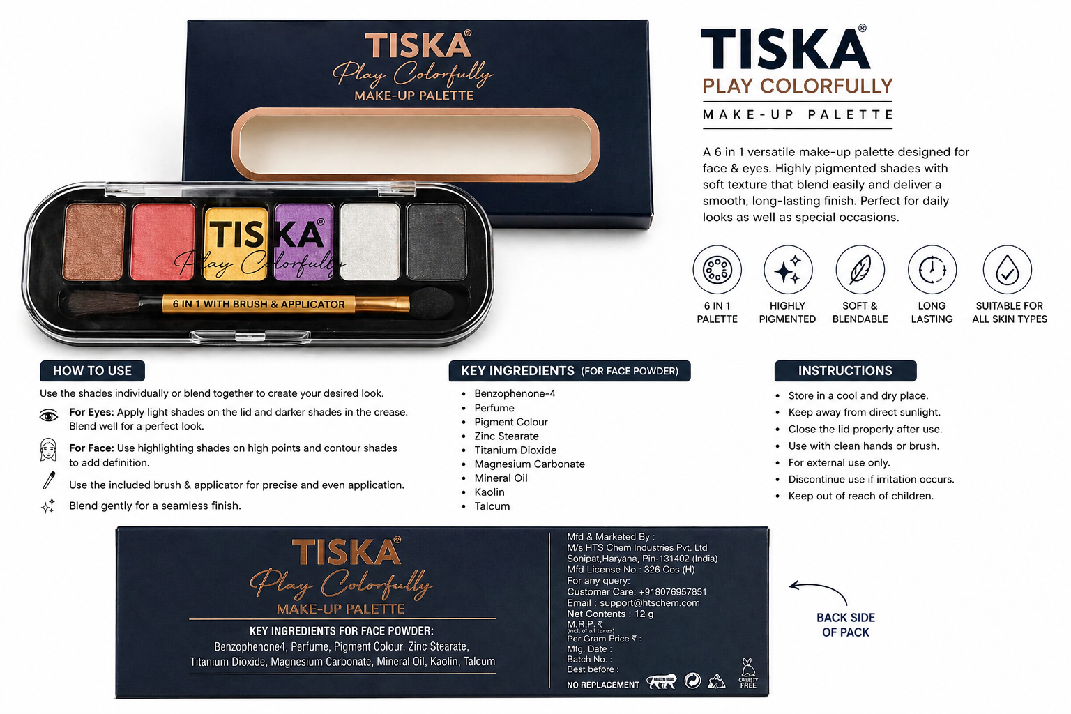 TISKA Play Colorfully Make-Up Palette – 6 in 1 Face & Eye Palette with Brush