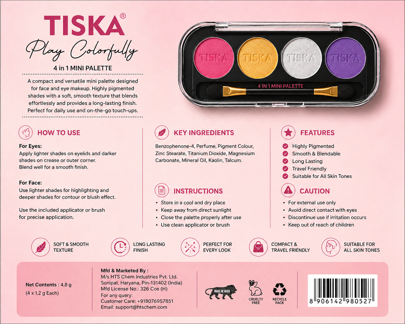 TISKA Play Colorfully 4 in 1 Mini Makeup Palette – Compact Face & Eye Kit